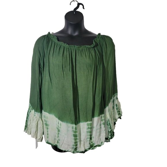 Bella Moda Green Size 1X Viscose Off the Shoulder Shirt Bohemian Fairy Rodeo - Picture 11 of 11